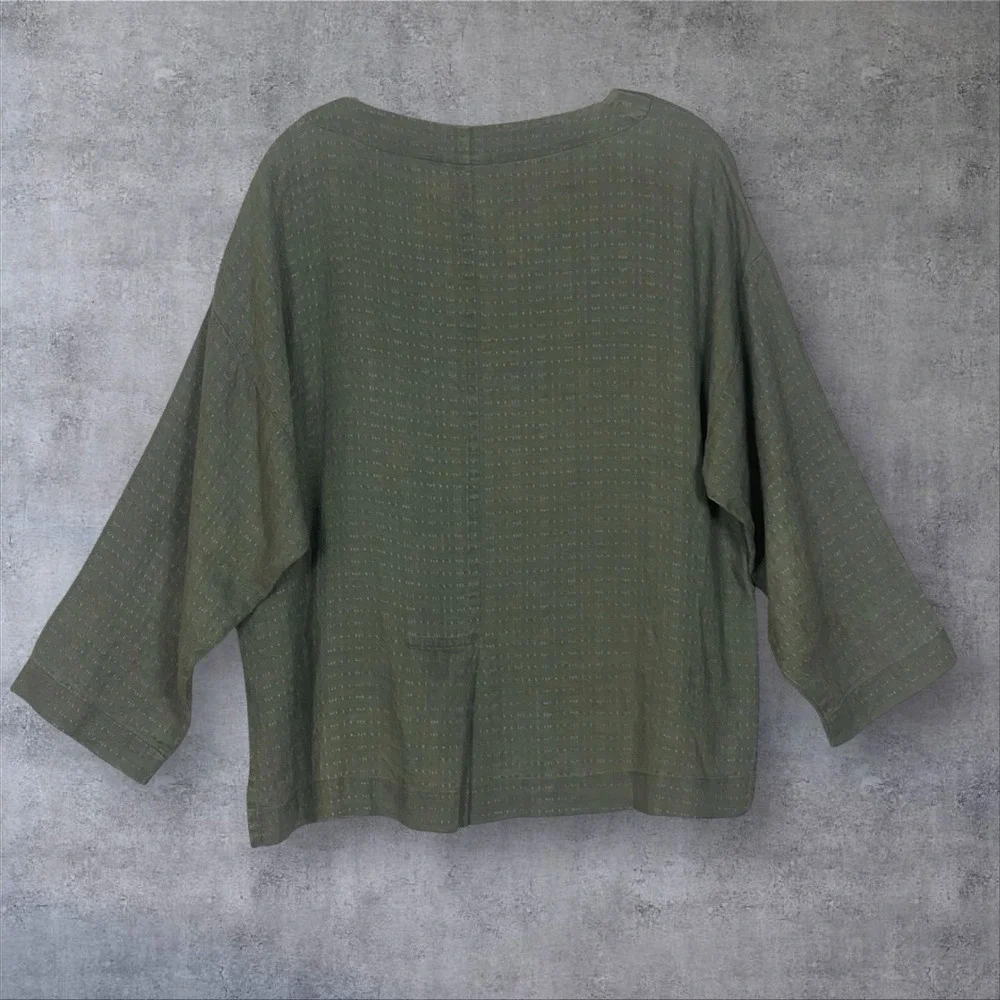 Eileen Fisher Button Front Textured Linen Tunic Top Womens M Green Laganlook - Picture 3 of 8